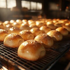 Golden brown warm buns cool on a baking sheet after baking in the oven. The buns are freshly baked and ready to eat
