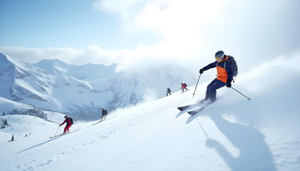 A snowy mountain range with skiers and snowboarders in action.