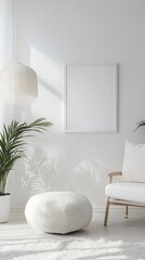 White living room interior with minimalist decor and blank picture frame for mockup