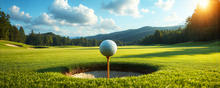 primo piano pallina da golf sospesa sopra un buca con veduta panoramica di campo da golf
