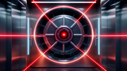 High-tech vault with laser security system in a futuristic environment