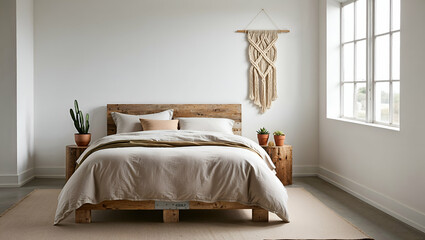 Modern bedroom design features a wooden bed frame, cozy bedding, and natural decor in a bright setting