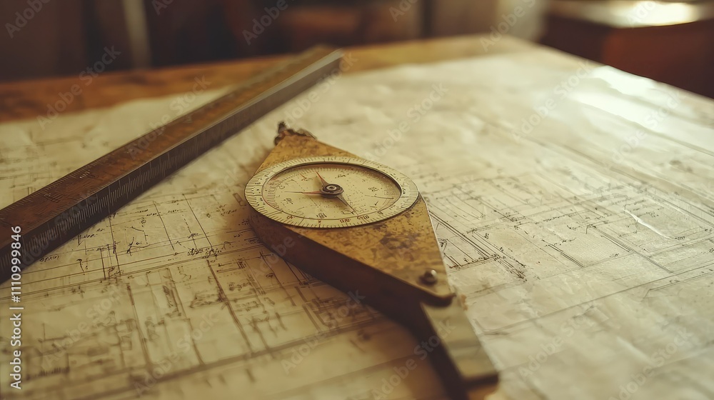 Poster vintage compass and ruler on detailed blueprint illustrating architectural design concepts with intr