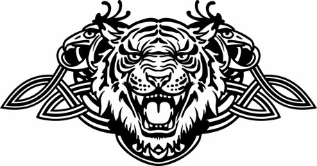 Vector drawing. Tiger, tattoo, black and white outline.