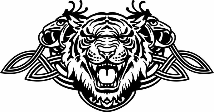Vector drawing. Tiger, tattoo, black and white outline.
