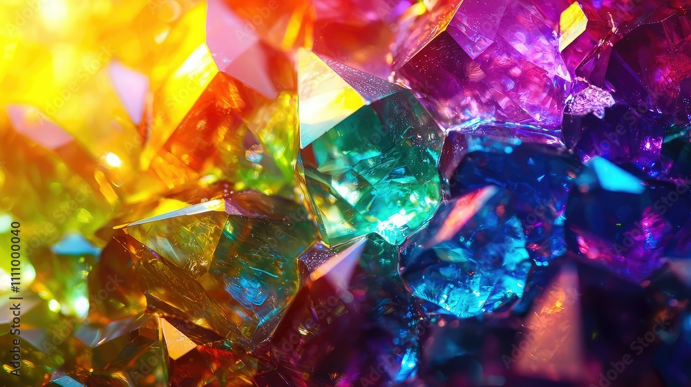 Poster vibrant and colorful crystals reflecting light in a kaleidoscope of colors, creating a stunning abst
