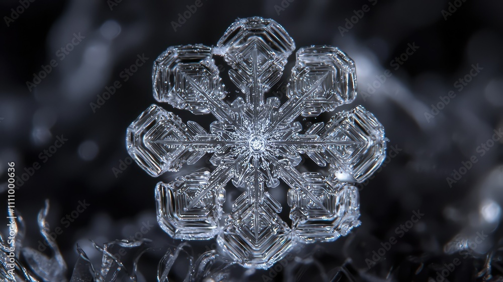 Poster intricate snowflake crystal formation under macro photography with detailed textures and unique geom