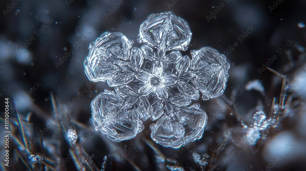 Poster stunning close-up of a unique snowflake on a dark background showcasing intricate details and natura