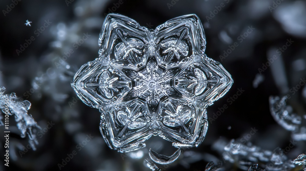 Poster exquisite close-up of a unique snowflake showcasing intricate patterns and crystals against a dark b
