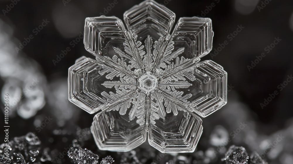 Poster stunning close-up of a unique snowflake on a dark background, showcasing intricate crystal structure