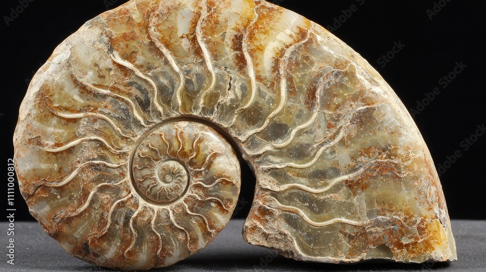 Poster detailed close-up of a beautifully preserved fossilized ammonite with intricate swirling patterns an