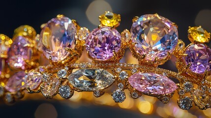 Fototapeta premium Stunning close-up of an exquisite tiara adorned with sparkling gemstones including pink, yellow, and clear crystals, showcasing intricate craftsmanship and elegance in design.