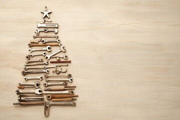 Creative holiday tree made from tools home workshop unique art indoor environment whimsical perspective for diy enthusiasts