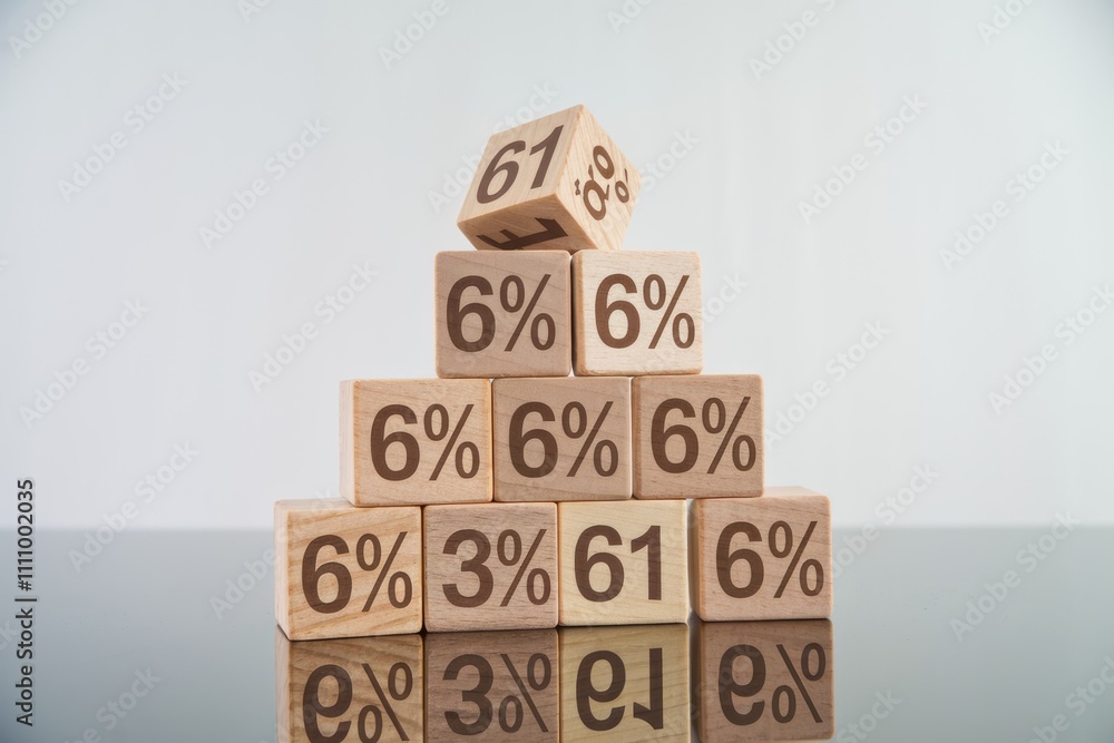 Poster wooden blocks stacked in a pyramid with percentages showing growth.
