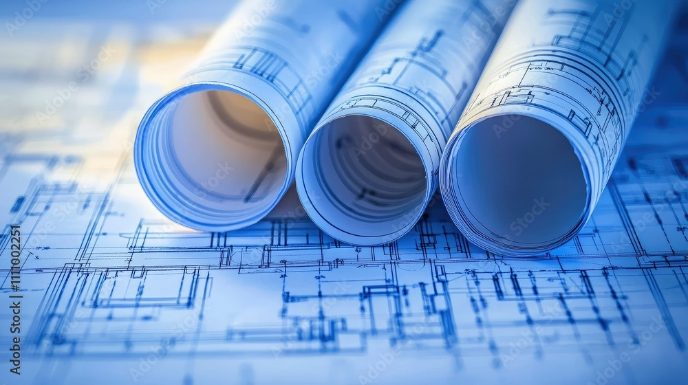 Poster blueprints unrolled on table surface with abstract design elements showcasing engineering and archit