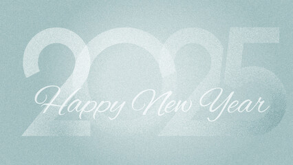 2025 Happy New Year. Winter holiday template with congratulatory text and date numbers with snowy and frosty effect on icy grunge texture colorful background. Horizontal format.