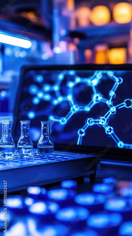 Poster laboratory setup with glassware in front of computer displaying molecular structure and chemical rea