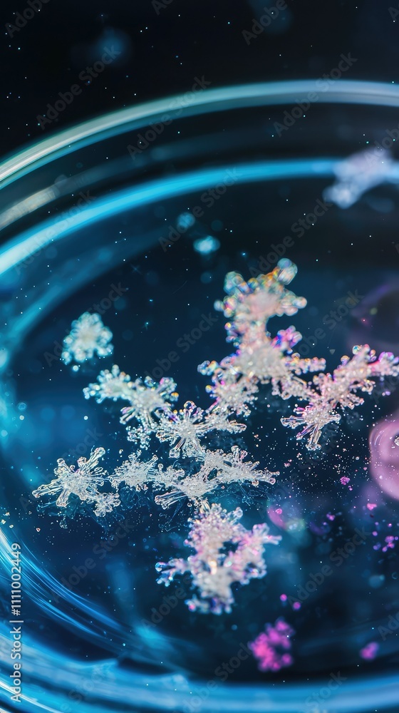Poster intricate snowflake structures captured in macro photography with vibrant colors and crystal clarity