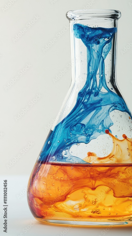 Poster colorful blending of liquid chemicals in laboratory glass flask with blue and orange swirls creating