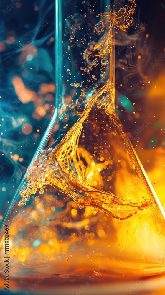 Poster close-up of colorful liquid splashes in a laboratory flask with bubbles and smoke, representing chem