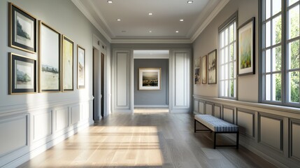 Enchanting Modern-Medieval Gallery Wall in a Hallway with Soft Lighting and Textured Decor | Ultra-Detailed Interior Design