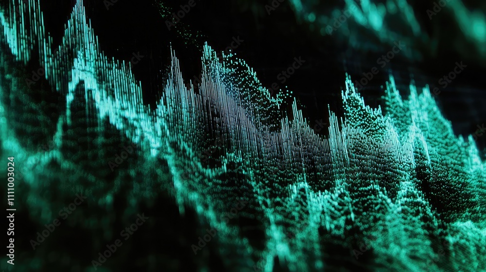 Poster abstract visualization of sound waves in vibrant green and black tones representing audio frequencie