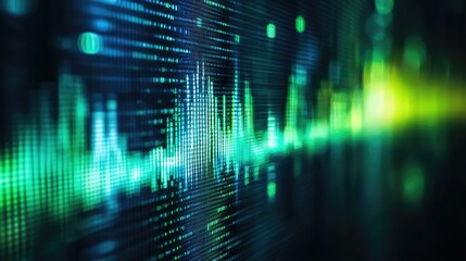 Fototapeta premium Abstract Representation of Sound Waves in Bright Green and Blue Colors with Digital Binary Elements Creating a Tech-Focused Visual for Music or Audio Projects