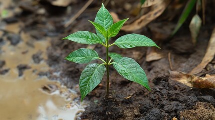 Naklejka premium small green plant is growing in the dirt. The plant is small and has a lot of leave