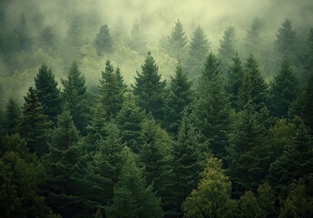 Fototapeta premium Enchanted Forest Landscape with Mysterious Fog Surrounding Green Pines and Spruces at Dusk, Evoking a Sense of Tranquility and Natural Beauty
