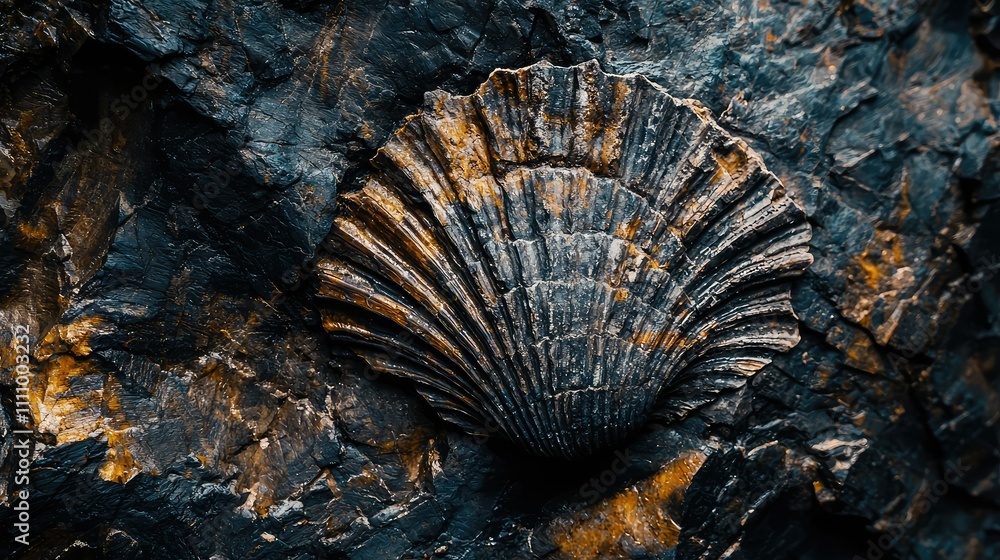 Aufkleber detailed close-up of a fossilized scallop shell embedded in dark rocky surface highlighting natural 