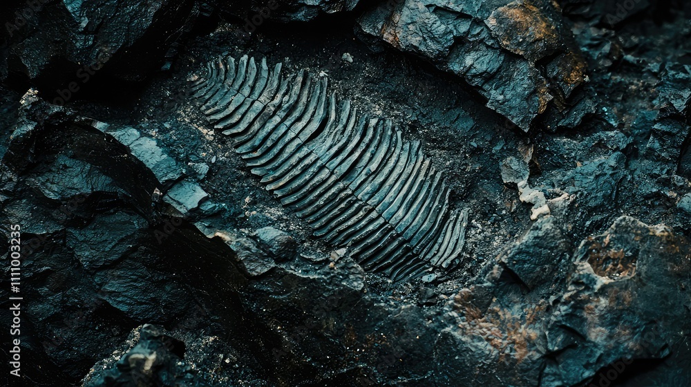 Poster fossilized trilobite imprint found in dark rock formations, capturing ancient life from the cambrian