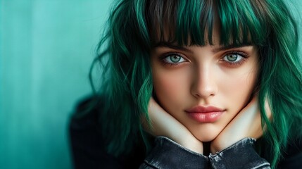 Fototapeta premium Young woman with striking green hair and captivating blue eyes, exuding a serene yet intense vibe.