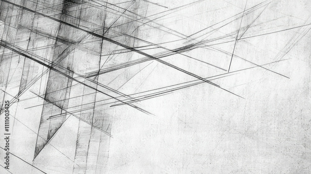 Poster abstract composition of black and white linear sketches creating a dynamic geometric pattern on a te