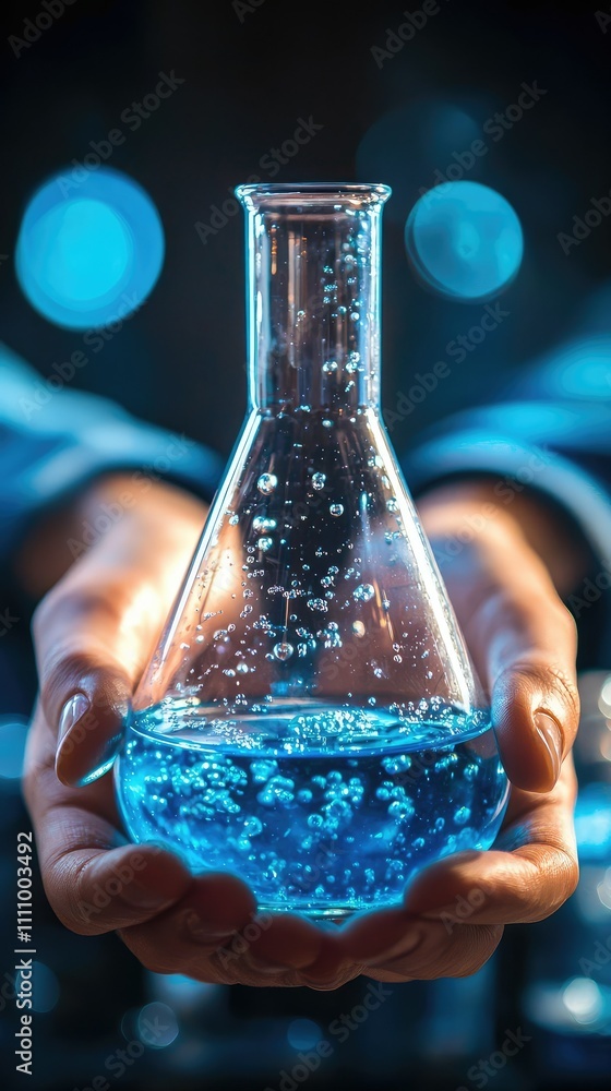 Aufkleber blue liquid in beaker held by hands in laboratory setting with bokeh effect, representing science, e