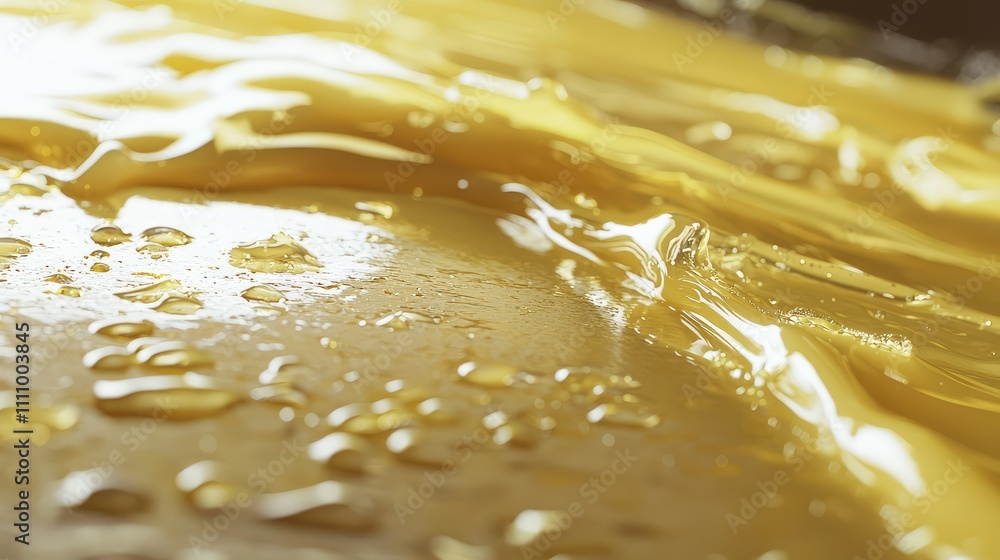 Poster close-up image of glimmering yellow liquid with droplets, creating a visually appealing abstract bac