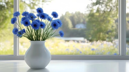 Bright blue flowers in a white vase near a sunny window in a cozy room © ArtCookStudio