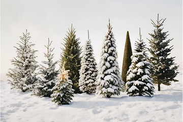 Fototapeta premium Snow-covered pine trees, Winter forest scene, Frosty evergreen trees, Snowy landscape, Christmas tree forest, Winter wonderland, Scenic snowy trees