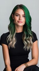 Naklejka premium A young woman with striking green and blonde hair smiles confidently in a black outfit.