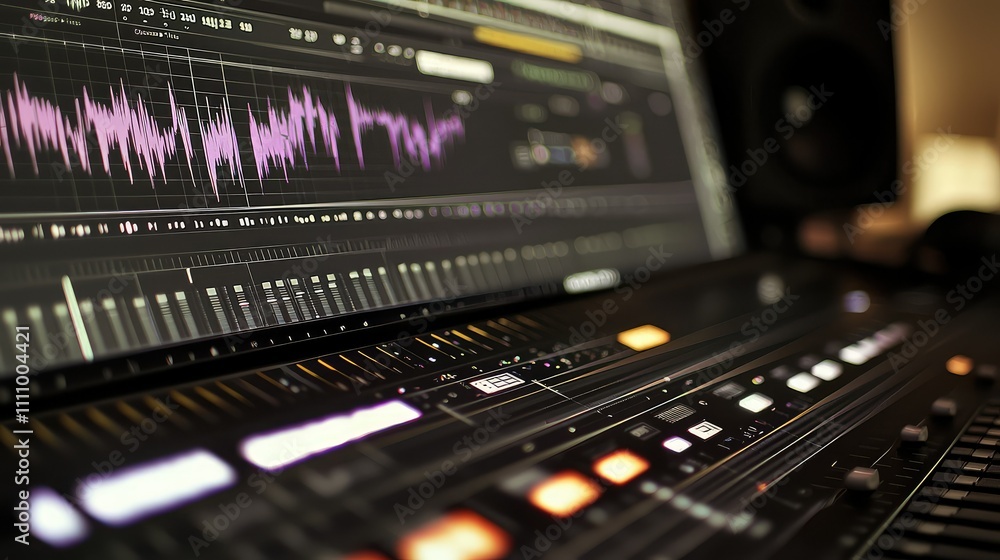 Poster high-tech audio editing interface with visual waveform display, sound analysis tools, and creative m