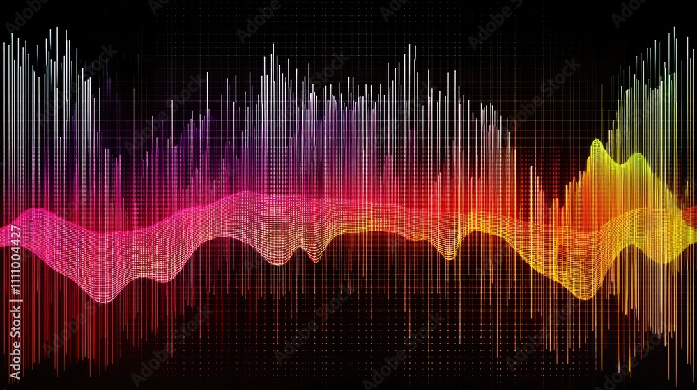 Poster vibrant colorful sound wave visualization with gradients in a digital style reflecting audio frequen