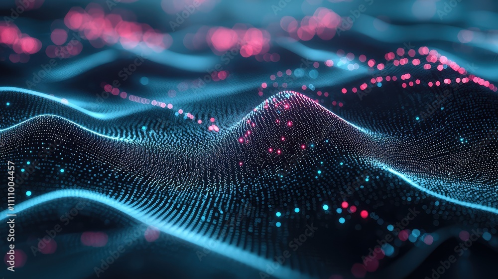 Poster abstract digital landscape with illuminating particles and waves in blue and pink tones, creating a 