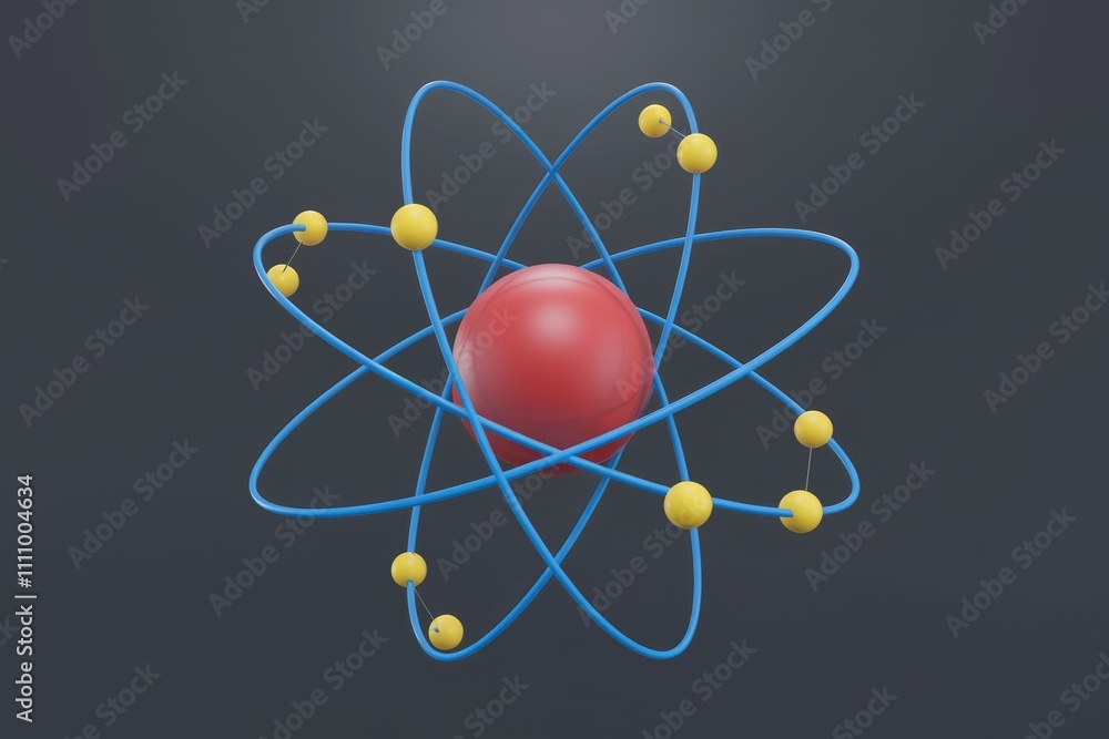 Poster a 3d illustration of an atom with a red nucleus and orbiting electrons.