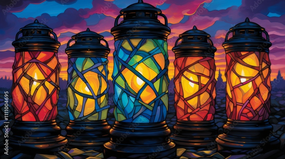 Poster Vibrant hues merging under lantern light, creating a soft reflection of dynamic color fusion