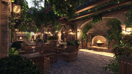 Fototapeta premium Enchanting Modern-Medieval Outdoor Patio with Stone Fireplace and Cozy Lighting for Gatherings under the Stars
