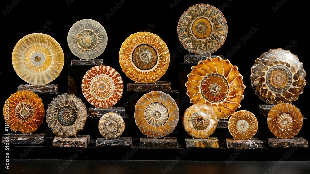 Poster stunning display of diverse fossils showcasing natural patterns and colors in spiral shapes, perfect