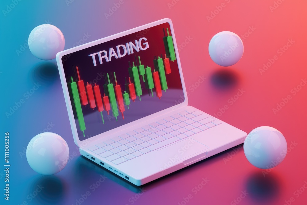 Aufkleber laptop screen shows trading chart with spheres on gradient background.