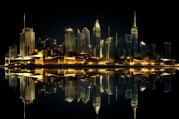 Obraz premium Stylish cityscape outline silver and gold skyscrapers, buildings, and bridges on black background