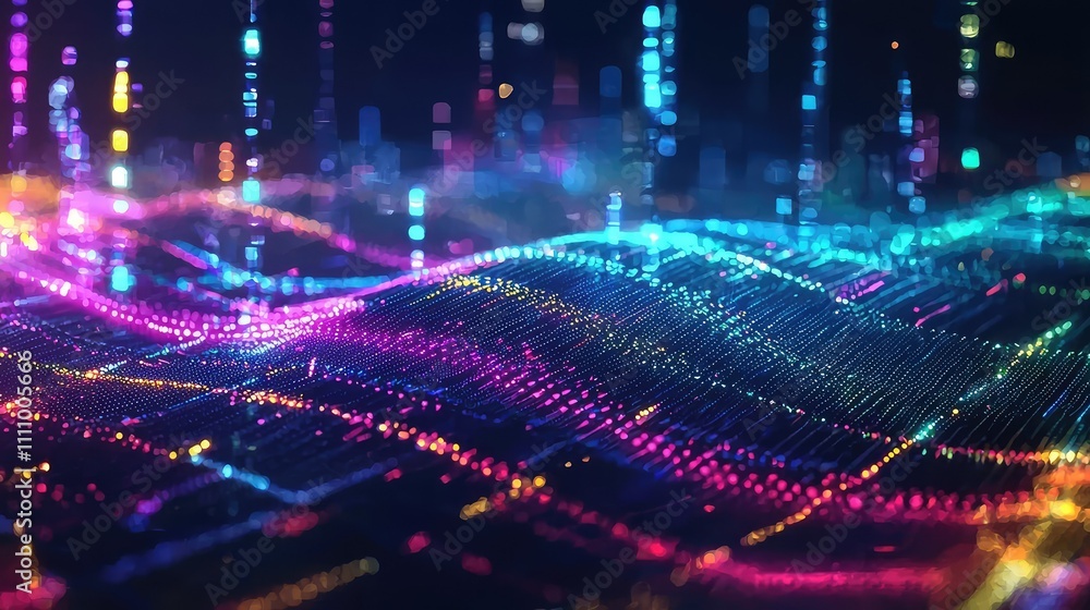 Poster abstract digital landscape with vibrant colors and glowing particles, representing data visualizatio