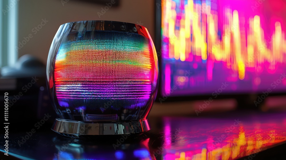 Poster colorful led speaker with sound wave patterns next to a vibrant display of audio spectrum on a moder