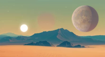 Gordijnen realistic vector illustration of science fiction planet in deep space with blue, purple, orange and yellow sky with sun, stars, two moons, rocks and sand desert surface and mountains in the distance © Marijan